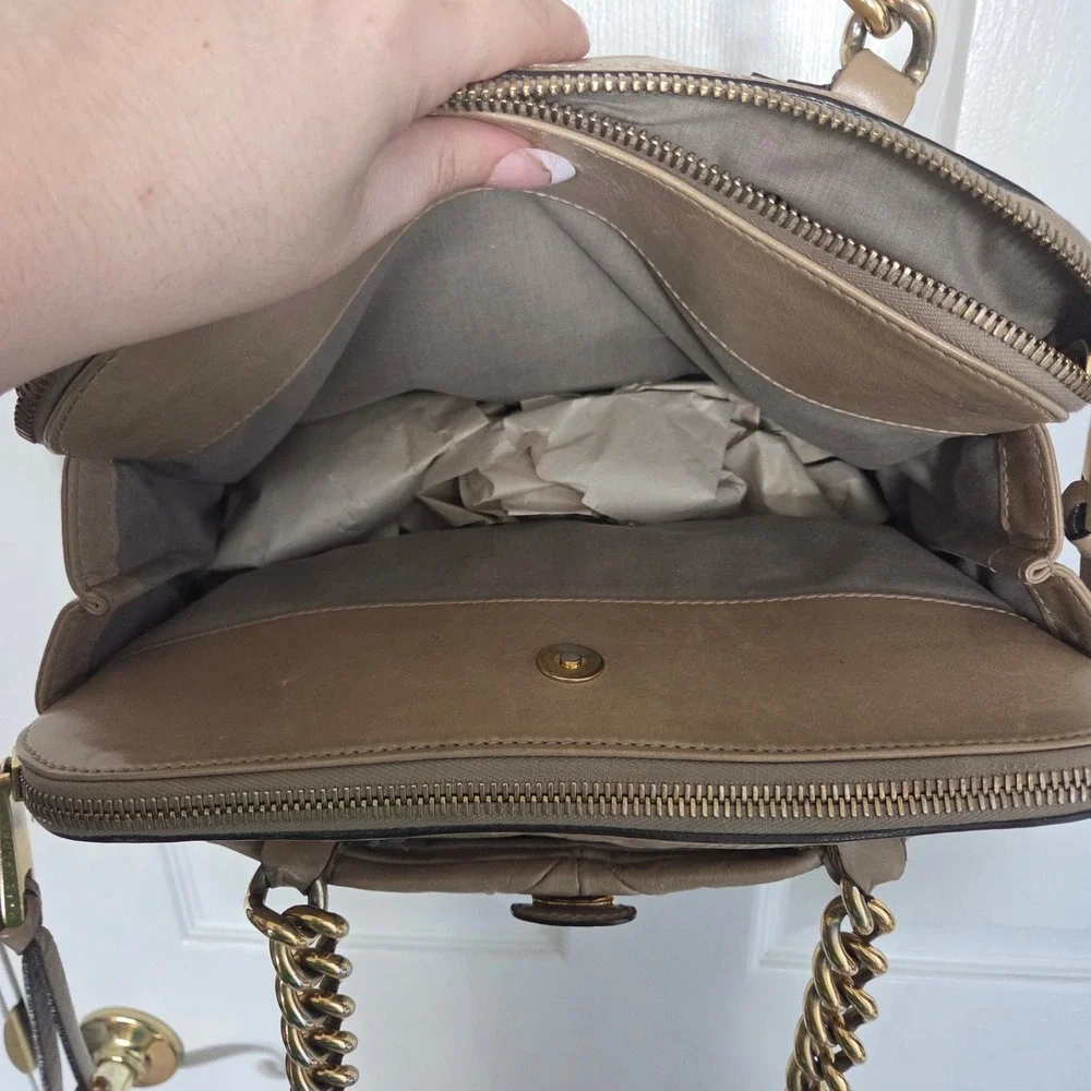 Marc Jacobs Quilted Leather Satchel Bag Tan‎ Beige Gold Chain Italian Designer